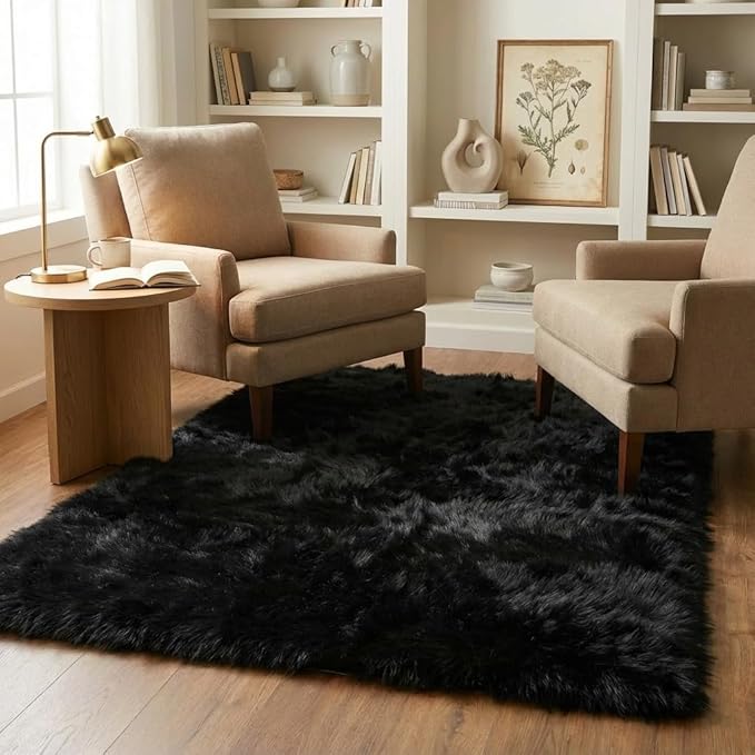 Super Area Rugs Ultra Soft & Fluffy Faux Sheepskin Rug, Black 6 x 9 Feet Carpet for Bedroom Living Room