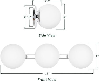 Chrome Globe Bathroom Vanity Light Fixtures, Modern 3 Lights Wall Lighting, Porch Wall Mount Light Fixture for Bathroom, Over Mirror Cabinets