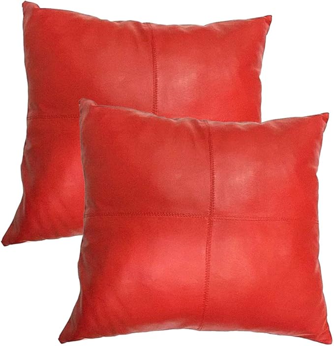 LL LEATHER LOVERS Lambskin Leather Pillow Cover - Sofa Cushion Case - Decorative Throw Covers for Living Room & Bedroom, 14x14 Inches - Red Pack of 2