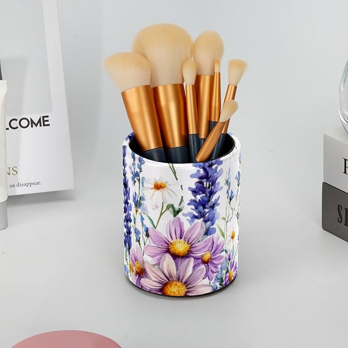 Wildflowers Purple Bluebell Sage Chamomile with Butterflies Pen Holder for Desk, Round Pencil Cup Desktop Stationery Organizer for Home Office School Desk Brushes Storage