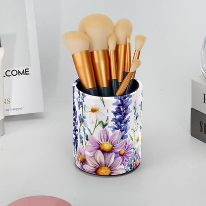 Wildflowers Purple Bluebell Sage Chamomile with Butterflies Pen Holder for Desk, Round Pencil Cup Desktop Stationery Organizer for Home Office School Desk Brushes Storage