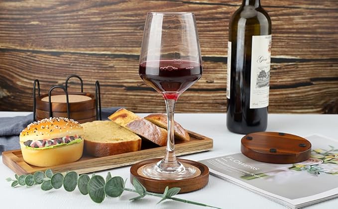 Acacia Wood Cork Coasters with Holder - Absorbent Rustic Cork Coasters for Coffee/Dining Tables & Desks - Set of 6, 4.13in Dark Brown