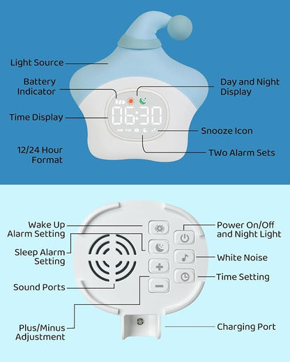 Star Alarm Clock with Night Light for Kids with Sleep Training and Sound Machine, Rechargeable Silicone Lamp OK to Wake Clock, Cute Animal Tabletop Lamp, Perfect Sleep Companion for Boys Girls, Blue