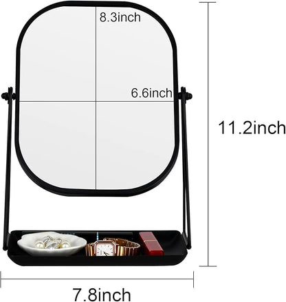 360 Degrees Rotating Metal Makeup Mirror with Storage, Vanity Mirror for Desk, Bathroom, Bedroom, Dressing Table (Black)