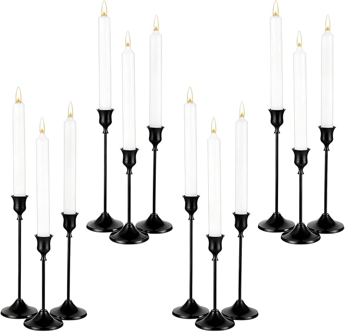 12 Pack Black Candlestick Holders, Vintage Taper Candle Holders Set in 3 Sizes for Dining Table, Fireplace, Party Decor