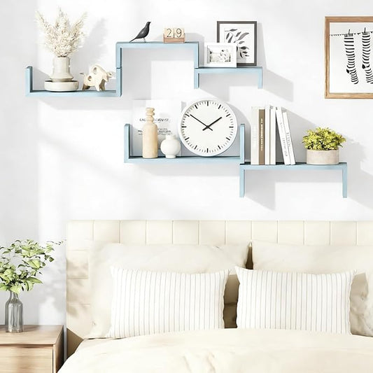 SRIWATANA Floating Shelves for Wall, Wall Shelves for Bathroom, Bedroom, Living Room, Kitchen, Office, Wood Shelves for Wall Decor Set of 5 (Blue)