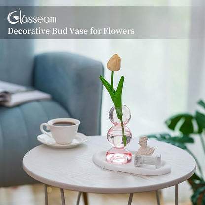 Glasseam Cute Pink Flower Vase, Unique Handmade Glass Vase for Flowers, Aesthetic Small Bud Vase Decor, Modern Ball Round Decorative Propagation Vases for Living Room Dining Table Decorations