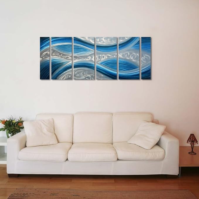 Handmade Abstract Metal Wall Art with Soft Color, Large Scale Decor in Blue Line Design Metal Art, 3D Artwork for Indoor Outdoor Wall Decorations, Decorative hanging in 6-Panels Measures 24"x 65"