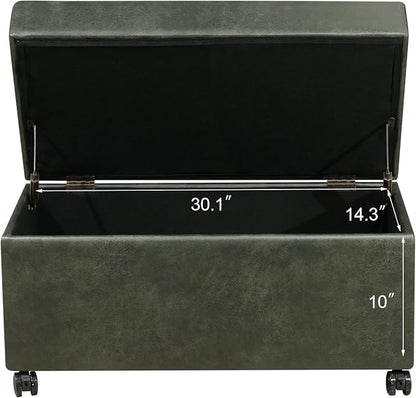 Joveco 32" Faux Suede Storage Ottoman Bench with Wheel, Rectangle Foot Rest Stool for Living Room, Bedroom, Entryway,Moss Green