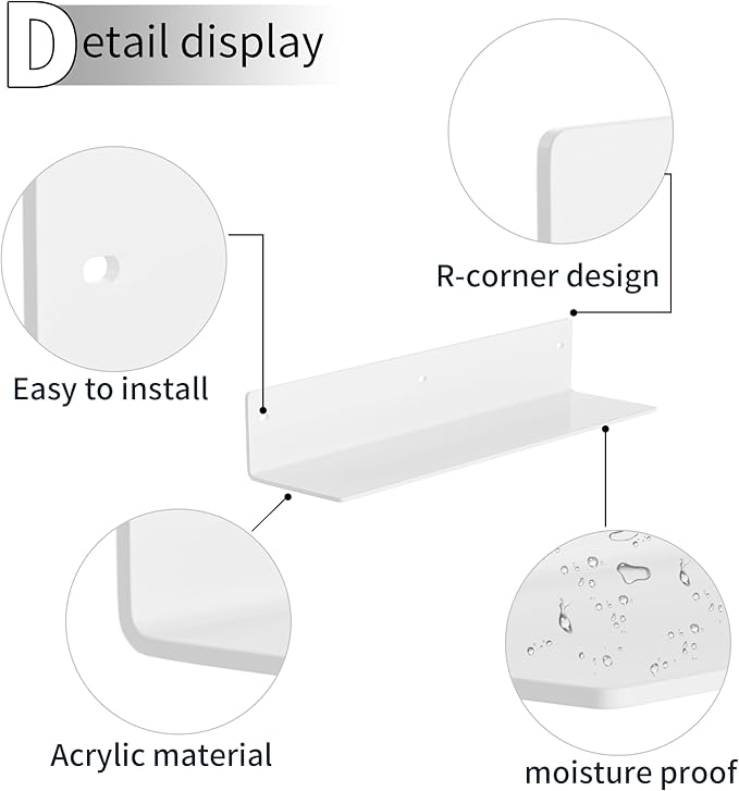 Sezanrpt 16 Inches White Acrylic Shelves, Wall Hanging Spice Rack, Wall Organizer Storage Shelf for Kitchen, Dining Room, Living Room, Bedroom, Bathroom, 2 Pack