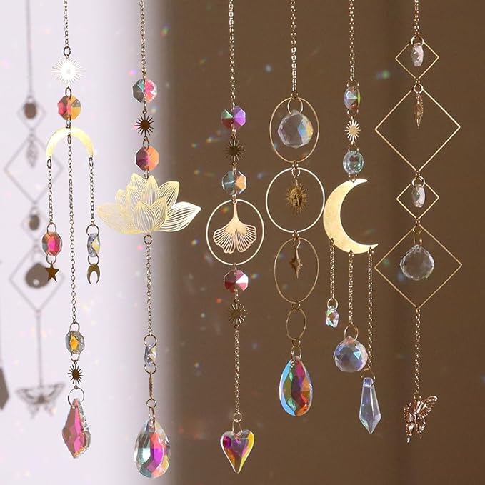 6pcs Crystal Suncatcher, Sun Catcher Hanging for Windows, Spiritual, Rainbow Maker, Crystal Indoor Garden Home Decor,Gemstone Prism（Set 1）