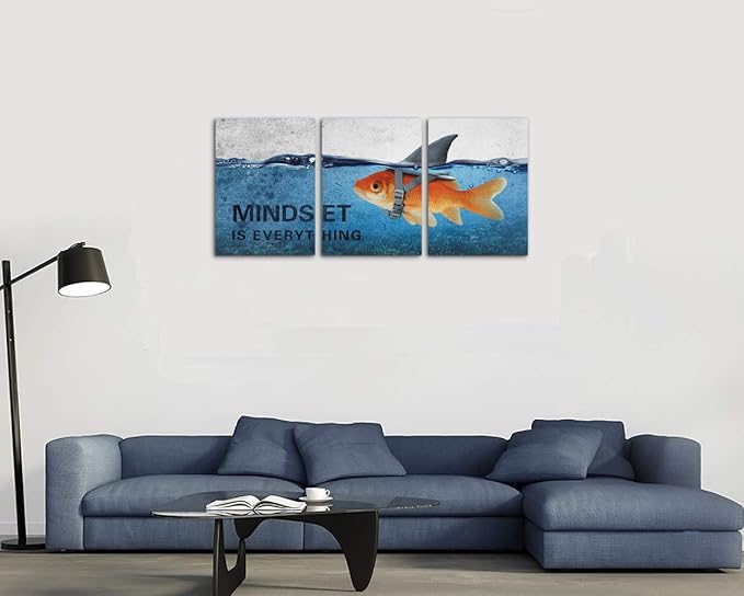 3 Panels Modern Framed Inspirational Canvas Wall Art Goldfish Body Strong Shark Heart Mindset is Everything Motivational Wooden Decor Posters (72''W x 36''H)