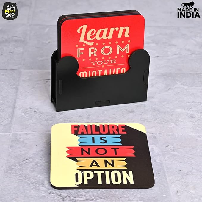 GKD Wooden Coasters for Drinks, Motivational MDF Wooden Coasters Set of 6 with Holder, 3.8 inches Eco-Friendly Absorbent Coaster for Coffee Table, Office, Bar, Drinking Glasses, Tabletop Protection