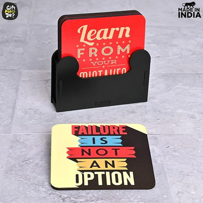 GKD Wooden Coasters for Drinks, Motivational MDF Wooden Coasters Set of 6 with Holder, 3.8 inches Eco-Friendly Absorbent Coaster for Coffee Table, Office, Bar, Drinking Glasses, Tabletop Protection