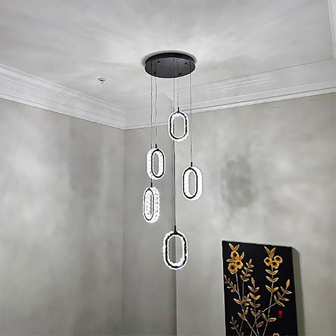 Dimmable Rings Chandelier for Staircase, Black Crystal Ring Chandelier High Ceiling 5-Light Oval Ring Pendant Light for Living Room,Hallway, Entryway, Bedroom