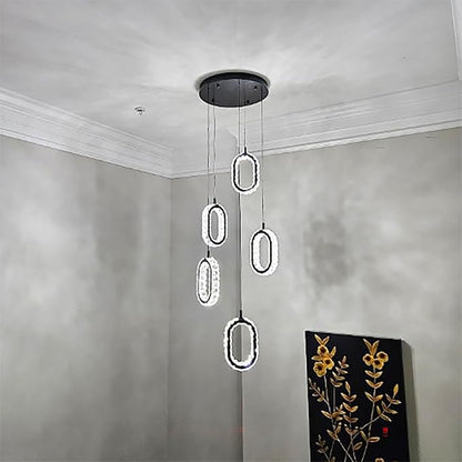 Dimmable Rings Chandelier for Staircase, Black Crystal Ring Chandelier High Ceiling 5-Light Oval Ring Pendant Light for Living Room,Hallway, Entryway, Bedroom