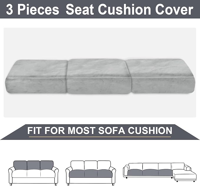 NAISI Couch Cushion Covers 3 Pieces Velvet Stretch Sofa Seat Covers or Backrest Covers Soft Individual Couch Covers for Sectional Sofa(3 Pcs for 3-Seat Cushion,Light Grey)