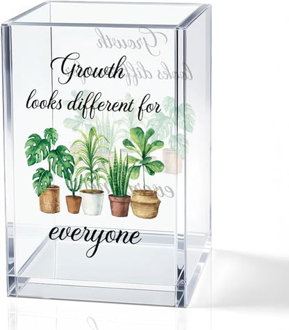 Growth Looks Different for Everyone Acrylic Cosmetic Pencil Holder Cup, Funny Plant Pen Holder for Women Teacher, Home Office Classroom Desk Accessories, Inspirational Gifts for Coworker Friend