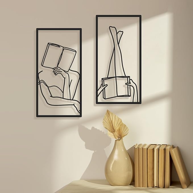 Bakovity Black Metal Wall Art, Minimalist Line Wall Decor, Abstract Woman Book Wall Decor, Modern Aesthetic Metal Art for Bedroom Bathroom Living Room (4 Pcs, 17 x 9 in)