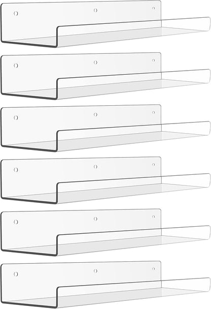upsimples 6 Pack Acrylic Shelves for Wall Storage, 15" x 4“ Floating Bookshelves for Kids, Display Shelf Organizer for Bathroom, Bedroom, Living Room, Kitchen, Room Decor, Clear