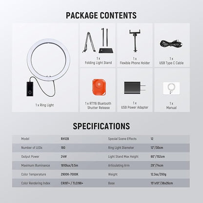 NEEWER 12" 24W High Power LED Ring Light Compatible with iPhone, 60" Overhead Folding Light Stand/Phone Holder Mount for Video Recording Selfie Makeup Streaming, 2900-7000K USB C PD Input CRI97+, RH12