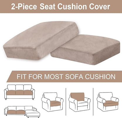 Couch Cushion Cover Velvet 2 Pieces Seat Cushion Cover Stretch LoveSeat Couch Covers Separate Sectional Sofa Slipcovers Furniture Protector (2-Seater or Backrest, Tan)
