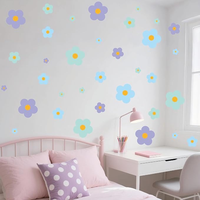 81 Pieces Wall Decal Flower Stickers - Removable Peel & Stick Wall Decals for Kids' Girls Room Decor(Purple, Blue, Green)