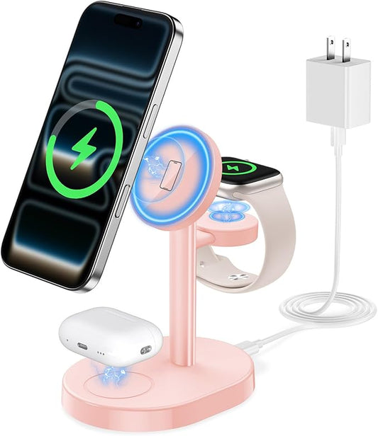 2025 3 in 1 Wireless Charging Station for Apple MagSafe Charger, 15W Fast Mag-Safe Charger Stand for iPhone 17 16 15 14 13 12 Apple Watch AirPods Compatible with MagSafe, Pink