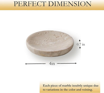 Round Marble Trinket Dish, Jewelry Tray Real Marble Soap Dish for Facial Sponge, Bathroom Makeup Sponge Holder,Nightstand Decor, Coaster(Beige Travertine)