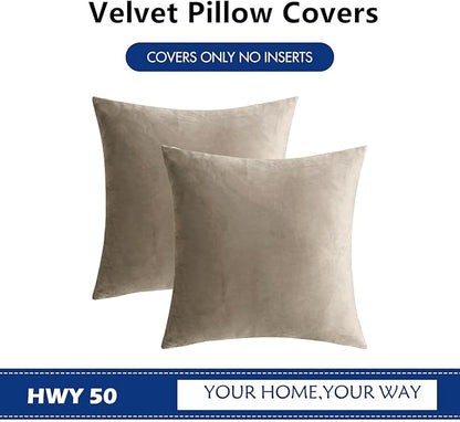 HWY 50 Taupe Velvet Throw Pillow Covers 22x22 Inch, Pack of 2 Soft Cozy Solid Decorative Luxury Cushion Cases for Couch Sofa Bed Living Room Bedroom