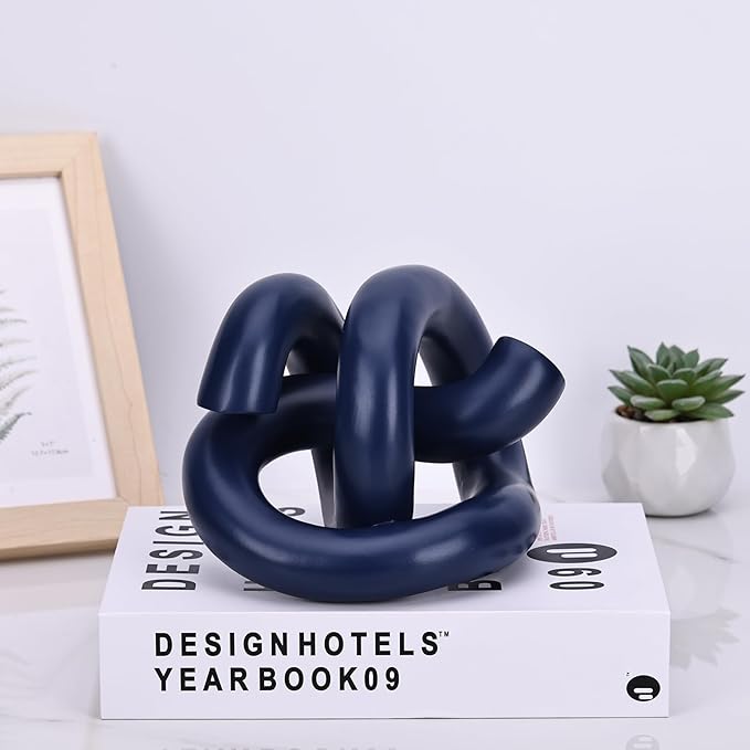 Funky Abstract Blue Knot Knick Knacks - Navy Blue Accent Decor for Coffee Table & Tv Stand, Modern Geometric Sculpture Scandinavian Minimalist Home Statue Decorative Objects Entryway Bookcase Book