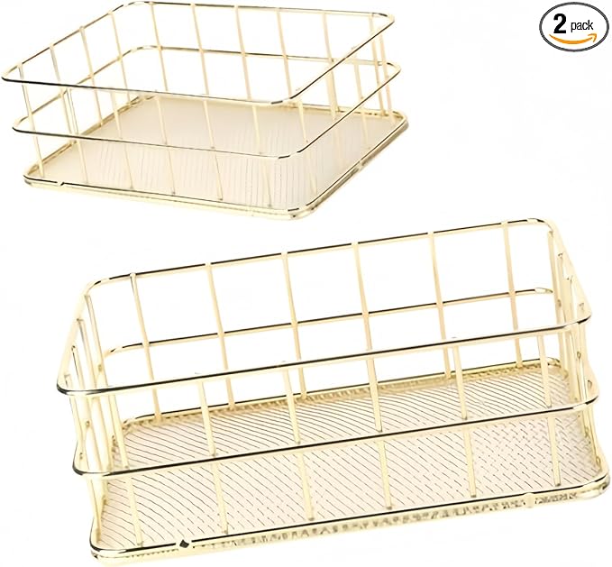 Two Small Gold Wire Basket - 9.6x6.7x2.8 、6.8*4.8*2.3inch ,Metal Wire Mesh Storage Basket for Home Organization | Ideal for Desk, Laundry, Wedding Bathroom & Cosmetic Stations