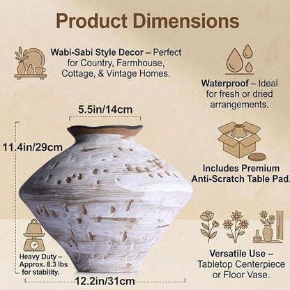 Wabi Sabi Rusty Vintage Vase, 11.4" Tall Wabi Sabi Decor Rustic Farmhouse Pottery Vase for Centerpiece, Textured Pottery Flower Vases for Home Decorative, Table, Living Room (White, Large)