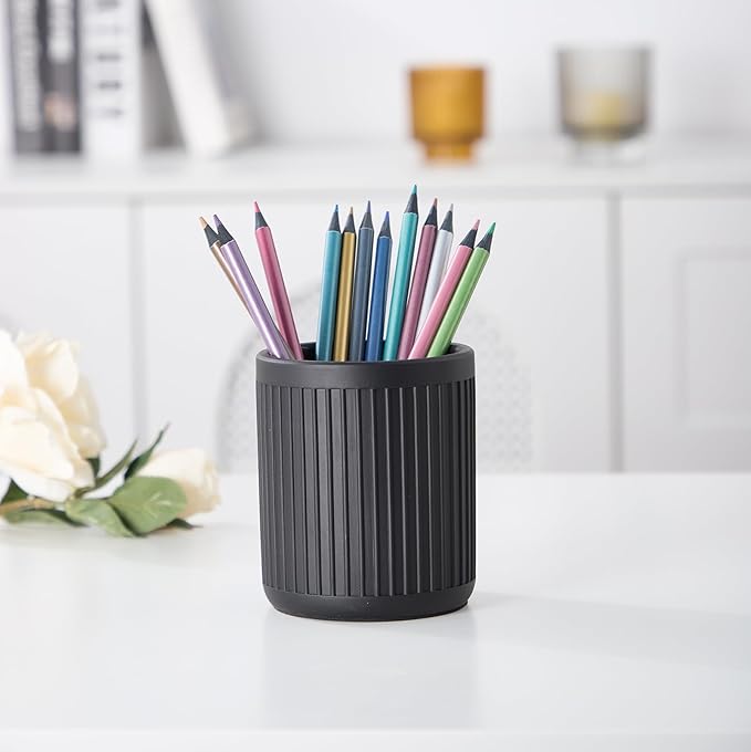 Aotea Crafts Concrete Modern Industrial Pen Holder for Desk - Aesthetic Charcoal Black Pencil Holder for Desk- Handcrafted Cement Fluted Pen Cup Organizer - Minimalist & Durable