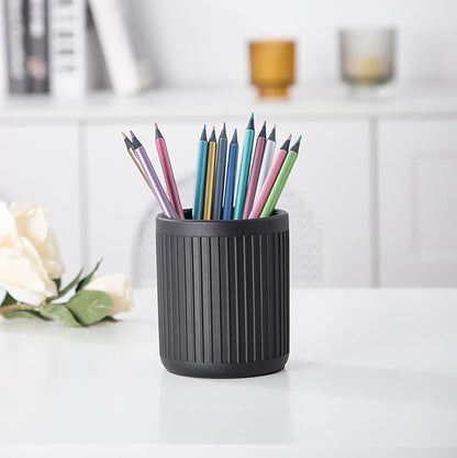 Aotea Crafts Concrete Modern Industrial Pen Holder for Desk - Aesthetic Charcoal Black Pencil Holder for Desk- Handcrafted Cement Fluted Pen Cup Organizer - Minimalist & Durable