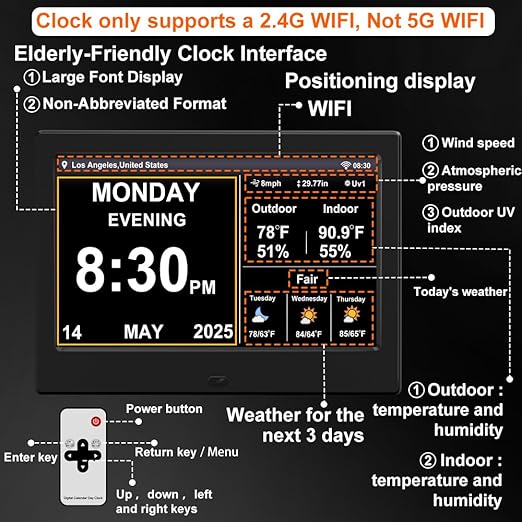 2025 Digital Clock with Auto Time Sync, Weather Forecast, Perpetual Calendar, Photo Frame, Temperature/Humidity Sensor & Custom Alarms - Large Display (Black, 10.1 inch)