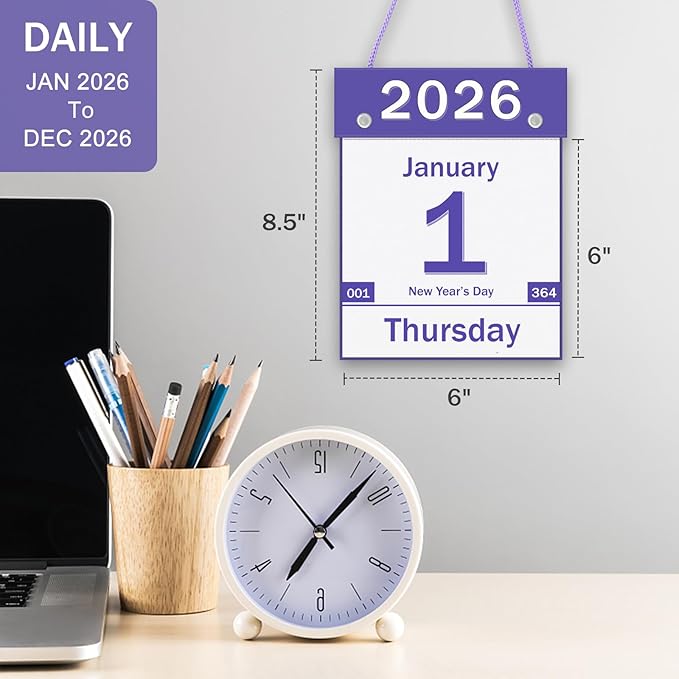 2026 Daily Wall Calendar, Page per Day with Large Print Dates, 365 Day Tear off Wall Calendar for Seniors Gift Home Office School Dorms, 8.5" x 6", Tear Away Calendars with Hanging String, Purple