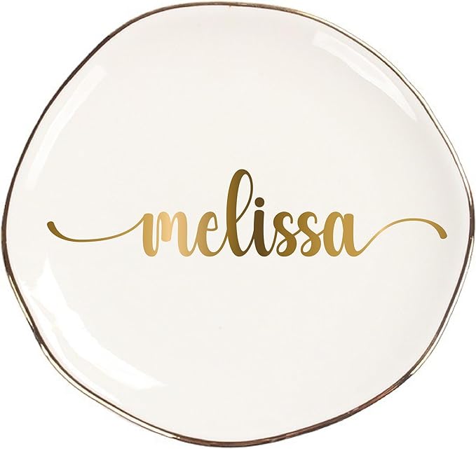 Personalized Ceramic Gold Trim Jewelry Tray Bridesmaid Wedding Engagement Gifts Jewelry Dish Decorative Trinket Custom Ring Dish With Name Couple Initials (Style A)
