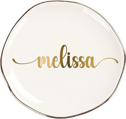 Personalized Ceramic Gold Trim Jewelry Tray Bridesmaid Wedding Engagement Gifts Jewelry Dish Decorative Trinket Custom Ring Dish With Name Couple Initials (Style A)