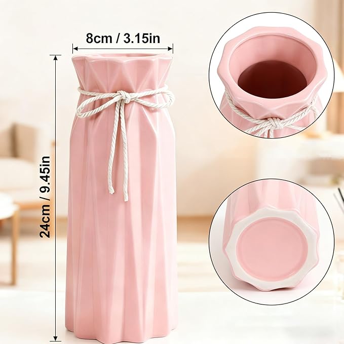 Ceramic Flower Vase Modern Home Decor Vases for Centerpieces Pink Minimalist Farmhouse 9.5" H x 3.9" W Cute Decorative Vases Flowers Tulip Pampas Grass Vase for Table Bathroom Shelf