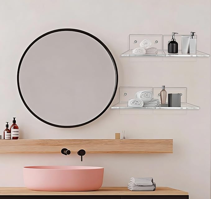 8 Pcs Clear Acrylic Floating Wall Shelves, Small Floating Shelves for Wall Shelf Acrylic Display Ledges, Small Corner Shelf for Bedroom Bathroom Book Speaker Hanging Shelves - Clear (4 Inch 8Pack)