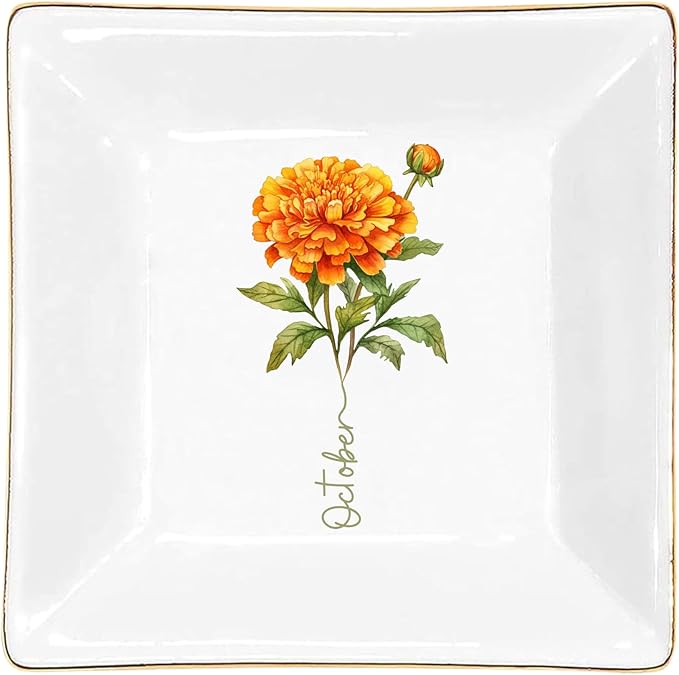 Gossby Personalized Jewelry Tray - Gift for Women, Mom, Friend with Birth Month Flower, Name - Ceramic Trinket Tray, Dish, Plate for Ring, Earring, Bracelet - Gift Mothers Day, Birthday, Christmas V1