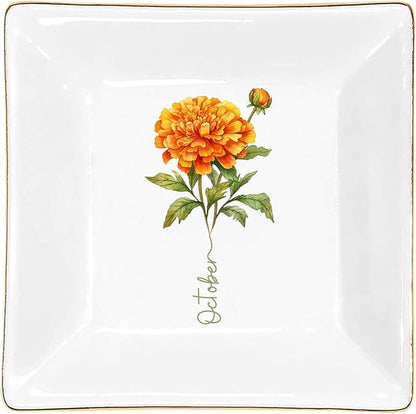 Gossby Personalized Jewelry Tray - Gift for Women, Mom, Friend with Birth Month Flower, Name - Ceramic Trinket Tray, Dish, Plate for Ring, Earring, Bracelet - Gift Mothers Day, Birthday, Christmas V1