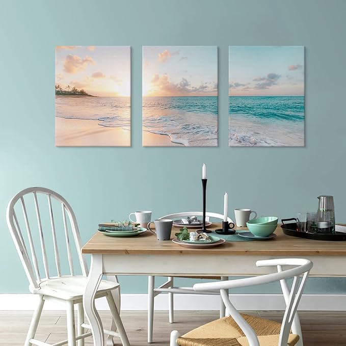 Goldfoilart 3 Pieces Beach Wall Art Sunset Bathroom Canvas Pictures Ocean Wall Decor Waves Prints Paintings for Living Room Bedroom Decorations Ready to Hang 12"x16" x 3pcs