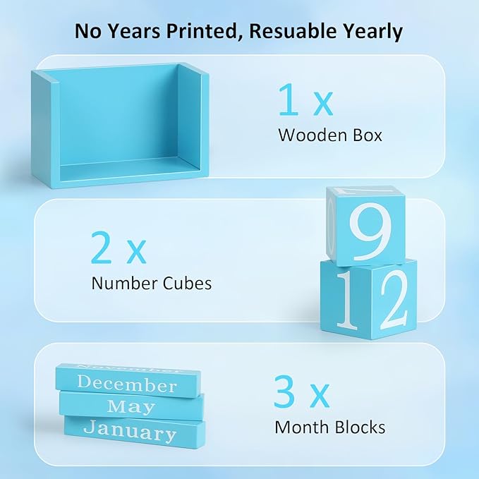 Wooden Block Calendar for Desk, Large Size Daily Desktop Perpetual Desk Calendar, Cute Date Display Desk Accessories for Home Office Decor, Teacher, Classroom, Reusable Yearly, Blue