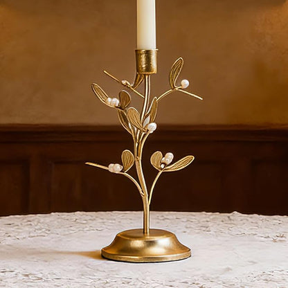 Candle Stick Holder Table Decor - Elegant Golden Metal Mistletoe Candle Holder Decorative for Coffee Gold for Living Room Symbol of Love and Life Flower Gifts 4.6 x 4.6 x 10 Inch Guichifun