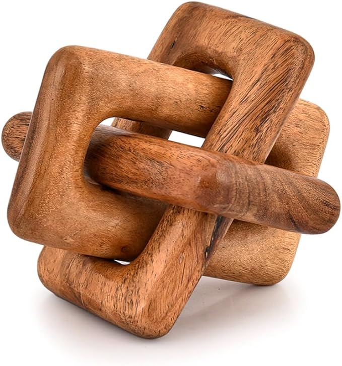 Kimona Tassels Wood Chain Link Decor 3-Link Wood Knot Decor, Hand Carved Decorative Chain Knot Bedroom Entryway Shelf Décor (5" X 5" X 5")