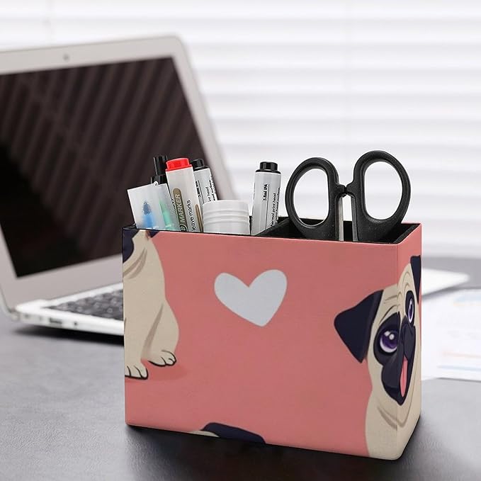 Leather Table Pen Organizer Pencil Pen Holder Office Home Desk Organize Funny Cartoon Pugs Puppy Pink