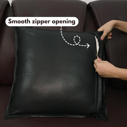 D DOLLY LAMB Lambskin Leather Pillow Cover - Sofa Cushion Case - Decorative Throw Covers for Living Room & Bedroom, 14x14 Inches - Black Box