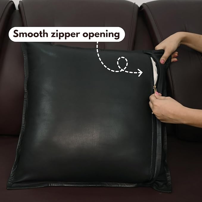 D DOLLY LAMB Lambskin Leather Pillow Cover - Sofa Cushion Case - Decorative Throw Covers for Living Room & Bedroom, 18x18 Inches - Black Box